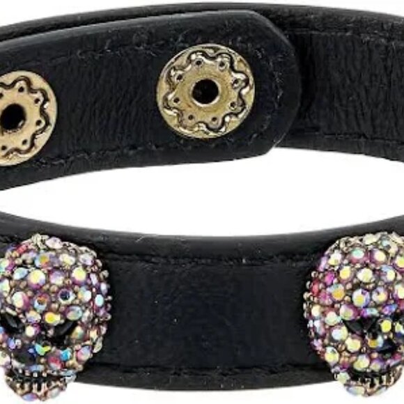 Betsey Johnson Faux Stone Pave Skull Leather Snap Bracelet - Picture 2 of 10